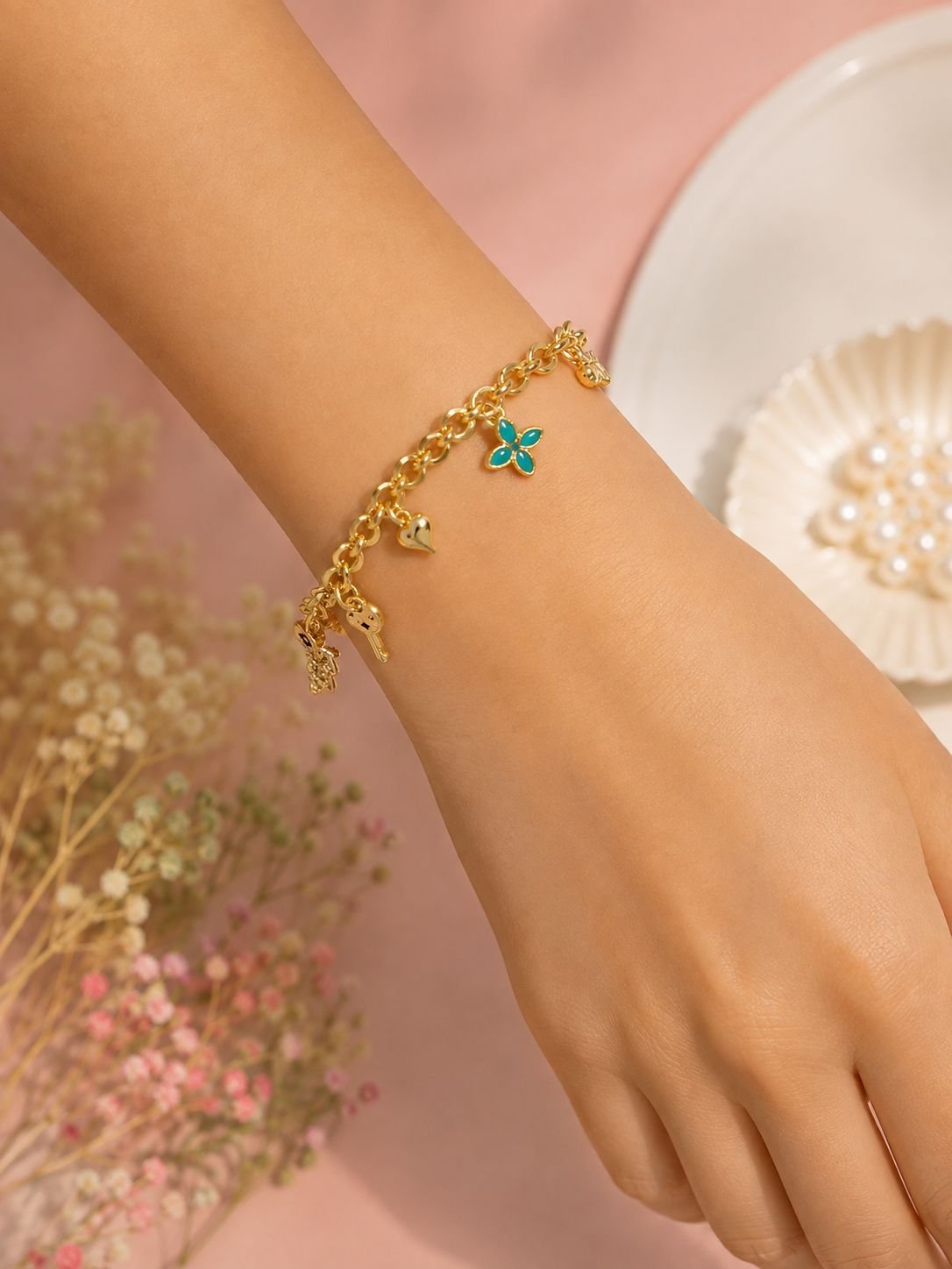 Gold Turkuaz Çiçekli Charm Bileklik