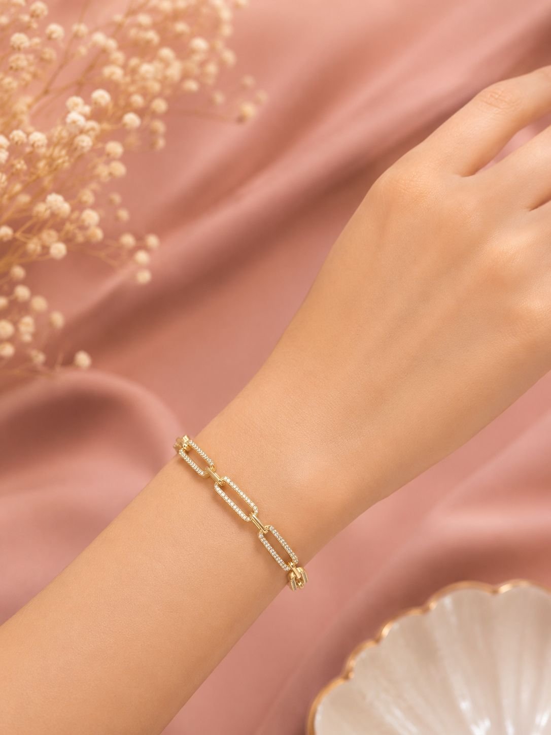 Gold Taşlı Oval Halka Zincir Bileklik