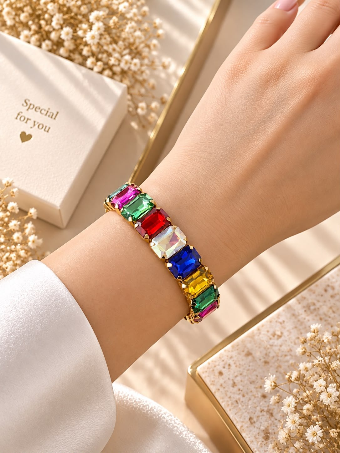 Lal Rainbow Crystal Renkli Taşlı Gold Bileklik