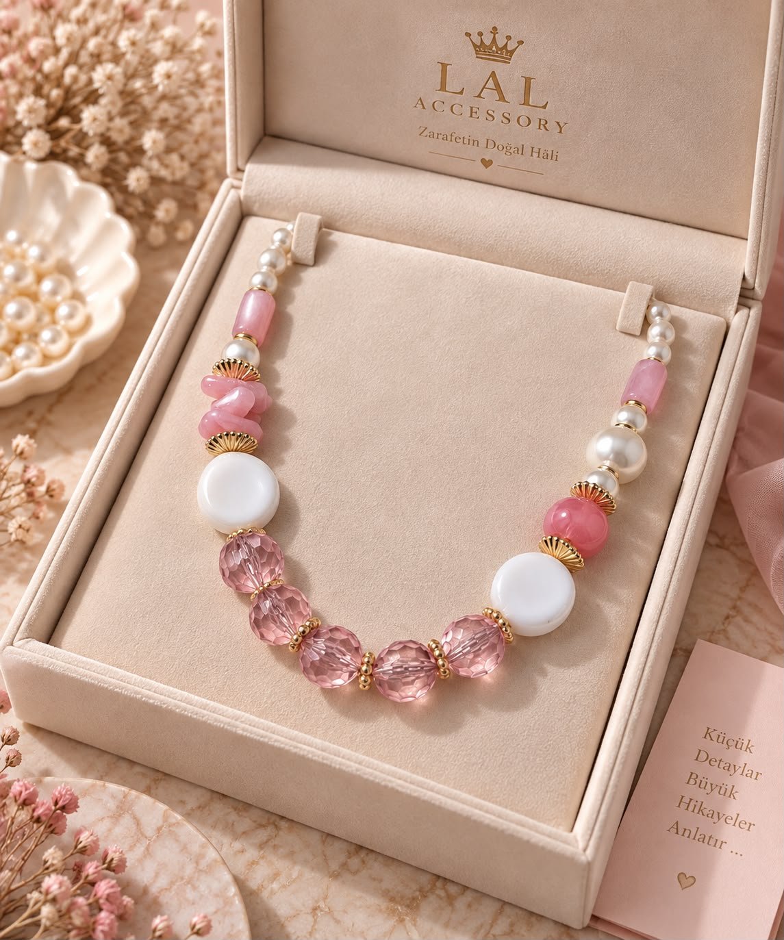 Pembe Kristal ve İnci Detaylı Kolye görsel 2