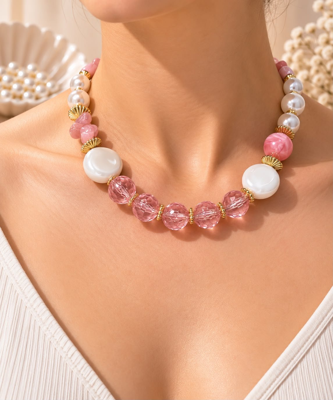 Pembe Kristal ve İnci Detaylı Kolye